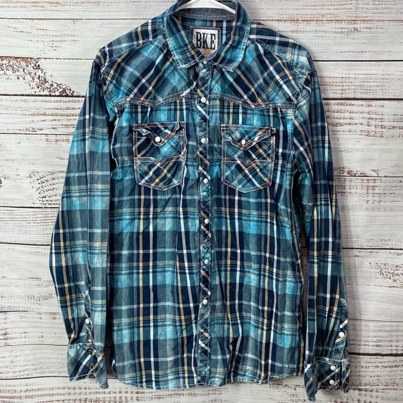 BKE TAILORED FIT PLAID PEARL SNAP SIZE LARGE SLIM BUTTON DOWN WESTERN SH… - Picture 1 of 7